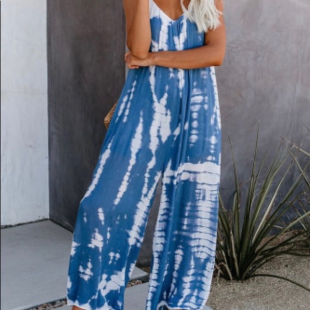 Blue tie dye baggy long pants romper